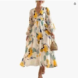 NEW Sissyaki Women's Ivory Yellow MEDIUM Long Sleeve Boho V-Neck Maxi Dress NWT